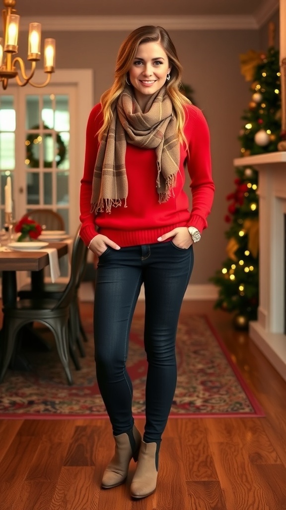 Casual Christmas dinner outfit with red sweater, dark jeans, and festive accessories.